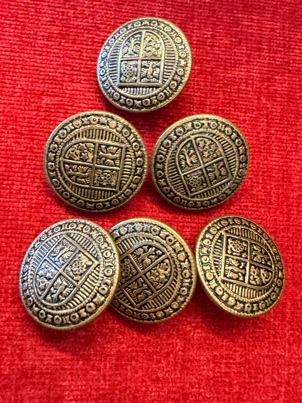 Rare Matching Set of 6 Antique Heraldic Crest Brass Buttons - 22mm Closure Size